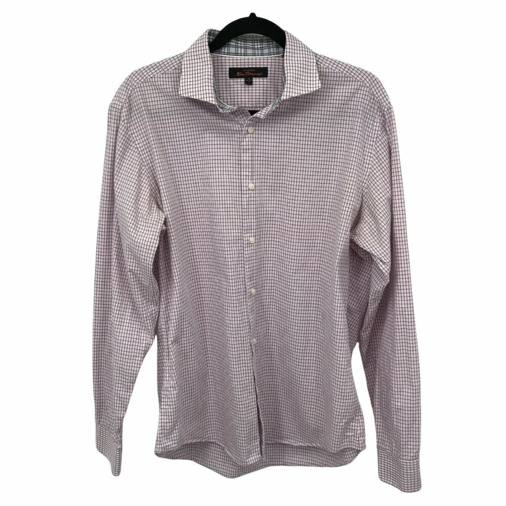 Ben Sherman Mens Purple Plaid Button Down Dress Shirt Size L 16 34-35